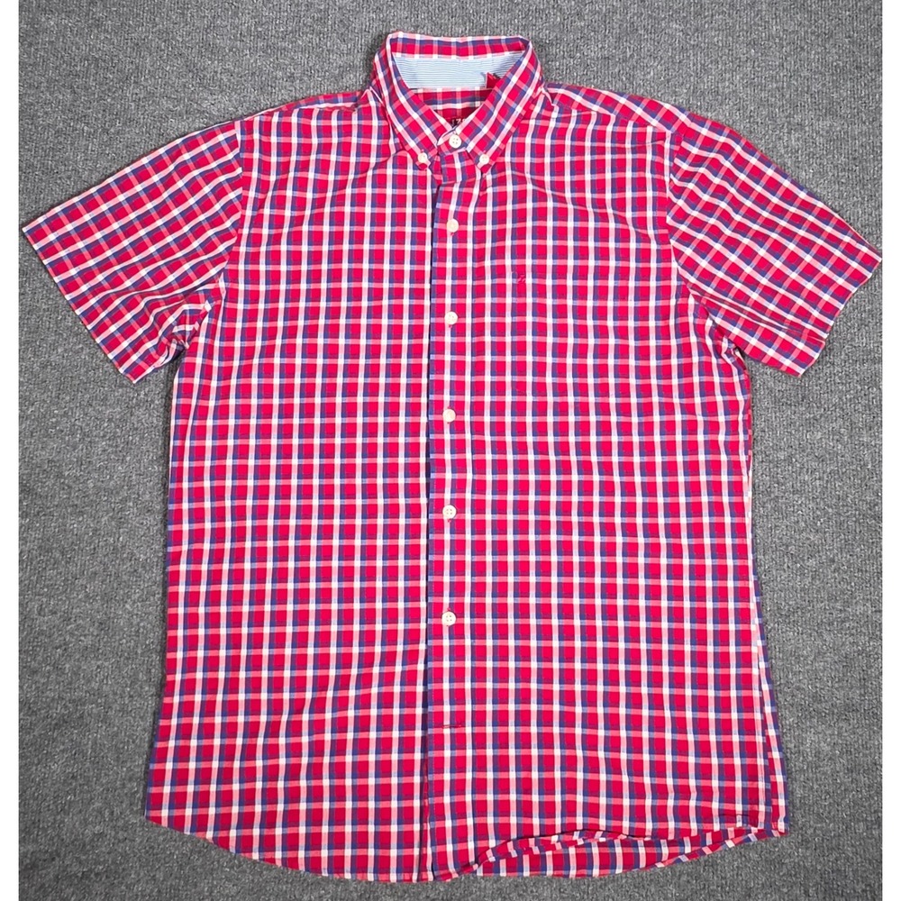 IZOD Mens Short Sleeve Button Down Shirt Red White Blue Plaid Size M